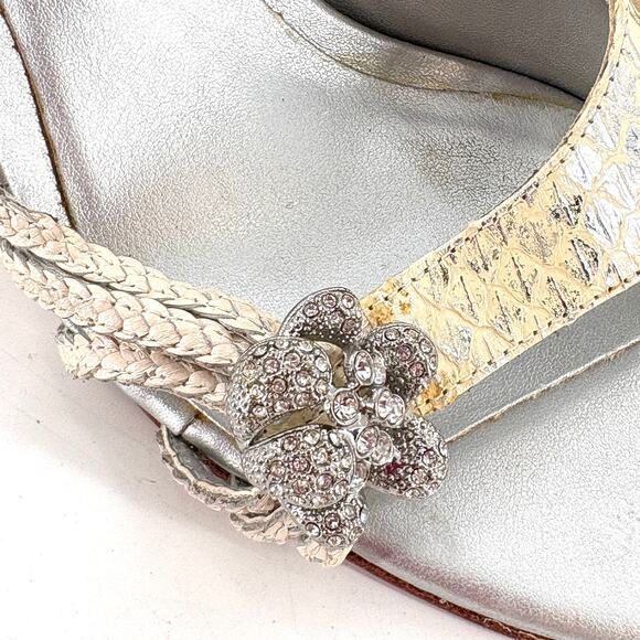 Beverly Feldman Jewel Mule Heels 6 Silver Gem Bridal Wedding White Silver Cream - Picture 4 of 8